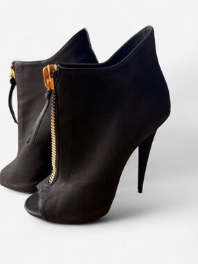 Women's Black Peep-Toe Ankle Booties with Gold Zip